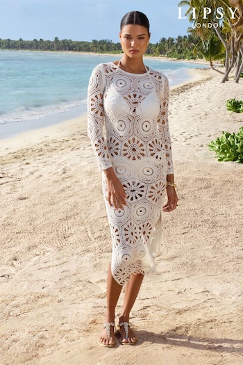Lipsy White Long Sleeve Crochet Maxi Beach Dress (K80793) | £56