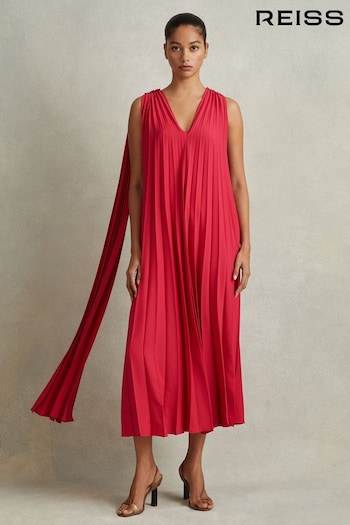 Reiss Coral Loreli Pleated Cape Sleeve Midi Dress (K80820) | £298