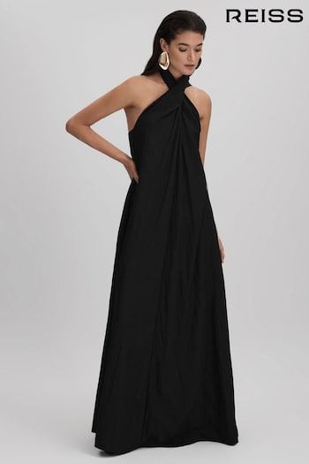 Reiss Black Phoebe Taffeta Halter Neck Maxi Dress (K80822) | £298