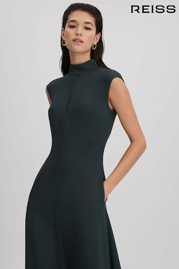 Reiss Dark Green Libby Fitted Asymmetric Midi Dress (K80826) | £228