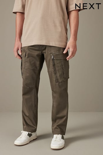 Dark Khaki Green Straight Fit Zip Detail Stretch Cargo Trousers broderie-trimmed (K80923) | £45
