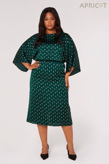 Apricot Green Satin Foil Cape Sleeve Midi Dress (K81152) | £40