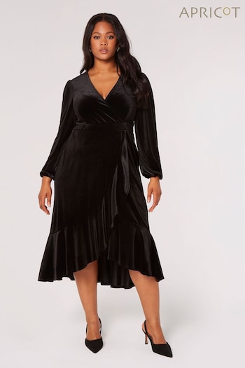 Apricot Black Velvet Faux Wrap Billow Sleeve Dress (K81155) | £40