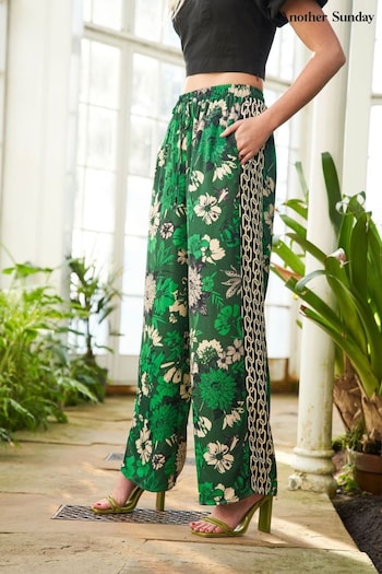 Another Sunday Wide Leg Trousers With Elasticated Waist In Satin Green Print (K81279) | £38