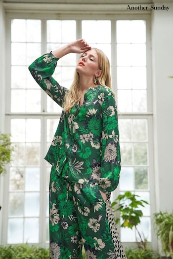 Another Sunday Long Sleeved Satin Black Blouse In Green Floral Print (K81295) | £38