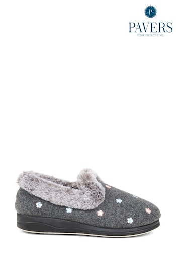 Pavers Grey Floral Faux Fur Slippers (K81303) | £25