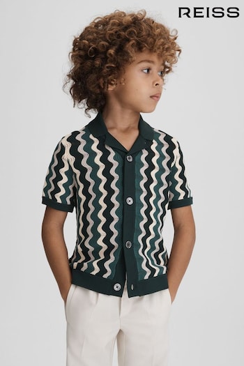 Reiss Green Multi Waves Senior Knitted Cuban Collar Shirt (K81418) | £46
