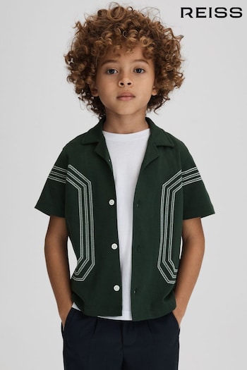 Reiss Green Arlington Cotton Embroidered Cuban Collar Shirt (K81438) | £28