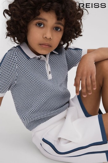 Reiss Blue Brunswick Junior Geometric Design Knitted Polo Jackets Shirt (K81457) | £38