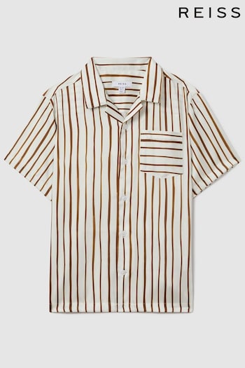 Reiss Ecru/Tobacco Rava Striped Cuban Collar Shirt (K81482) | £42