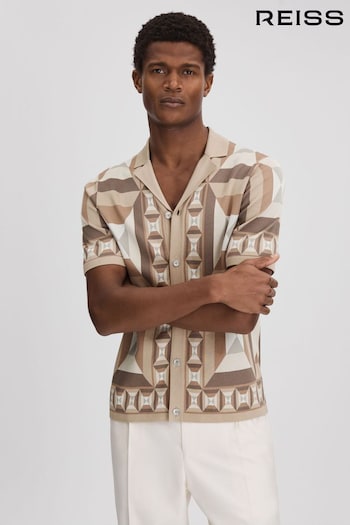 Reiss Camel Multi Beresford Knitted Cuban Collar Shirt (K81496) | £128
