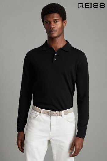 Reiss Black Trafford Merino Wool pouches Polo Shirt (K81509) | £98