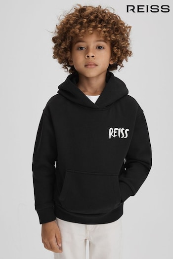 Reiss Washed Black Newton Junior Cotton Relaxed Motif Hoodie (K81512) | £36
