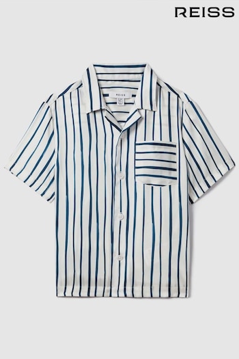 Reiss White/Blue Rava Striped Cuban Collar Shirt (K81520) | £46