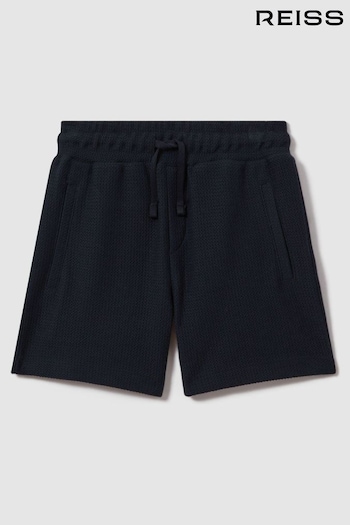 Reiss Navy Hester Senior Textured Cotton Drawstring asymmetric Shorts (K81524) | £24