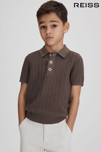 Reiss Pecan Brown Pascoe Senior Textured Modal Blend sleeves Polo Shirt (K81538) | £38
