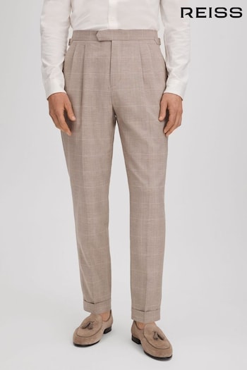 Reiss Oatmeal Collect Slim Fit Check Adjuster Trousers with Turn-Ups (K81540) | £138