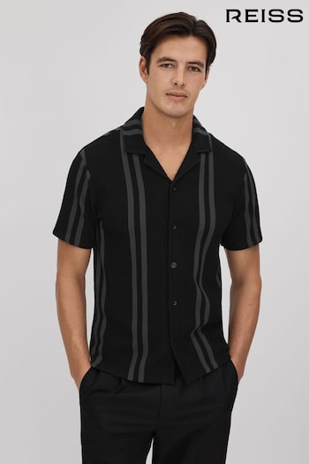 Reiss Black/Steel Grey Castle Ribbed Striped Cuban Collar Shirt (K81555) | £88