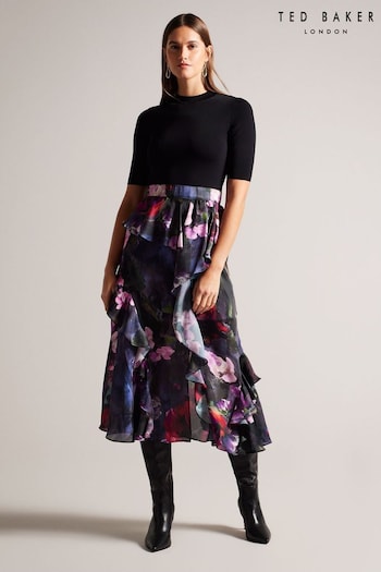Ted Baker Rowana Black Fitted Knit Bodice Dress With Ruffle Skirt (K81681) | £225