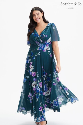 Scarlett & Jo Teal Blue Floral Isabelle Angel Sleeve Maxi Dress (K81682) | £95