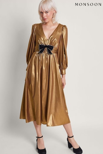 Monsoon Gold Gracie Bow Midi Dress (K81728) | £110