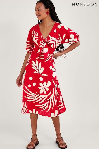 Monsoon Red Abstract Palm Print Tie Front Midi Dress (K81736) | £70