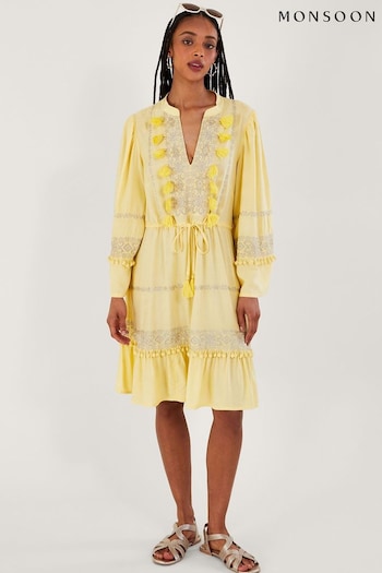 Monsoon Yellow Embroidered Pom-Pom Kaftan Dress Lizy (K81758) | £80