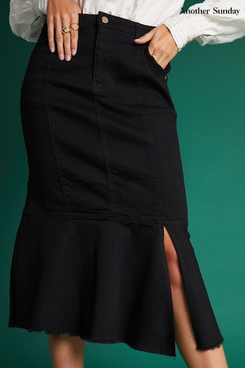 Another Sunday Raw Edge Ruffle Hem Denim Midi Black Skirt (K81892) | £35