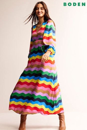 Boden Pink Empire Waist Maxi Rainbow Stripe Tea Dress (K81949) | £140