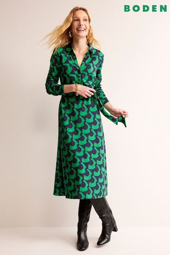 Boden Green Multi Laura Jersey Midi Shirt logo Dress (K81970) | £90