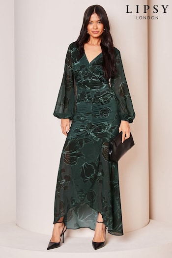 Lipsy Green Floral Long Sleeve Jersey Ruched Midaxi Dress (K82008) | £68
