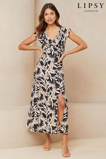 Lipsy Black/White Sleeveless V Neck Ruffle Summer Midi opini Dress (K82116) | £49