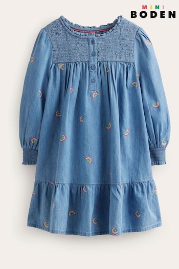 Boden Blue Rainbow Embroidered Shirred Dress (K82177) | £37 - £42