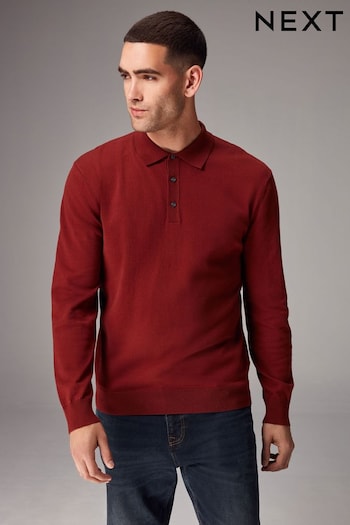 Rust Red Regular Fit Knitted Long Sleeve Polo Shirt (K82260) | £30