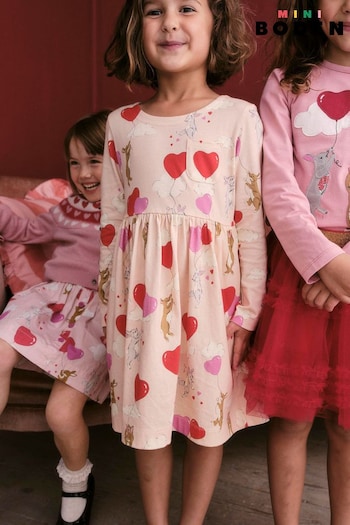 Boden Pink Long Sleeve Fun Heart Bunny Jersey Dress (K82291) | £23 - £27