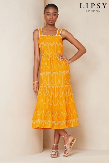 Lipsy Yellow Palm Broderie Tiered Summer Heatready Midi Dress (K82307) | £58
