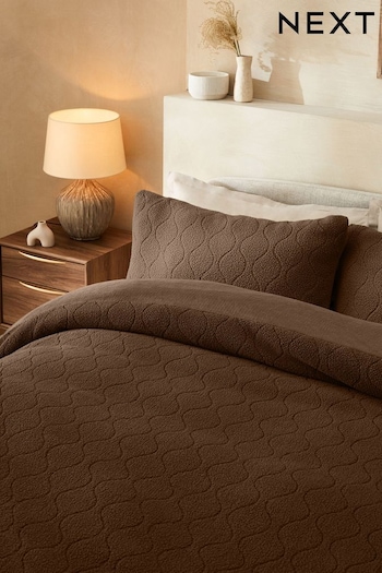 Chocolate Brown Pattern Embossed Borg Fleece Duvet Cover and Pillowcase Set (K82415) | £35 - £65