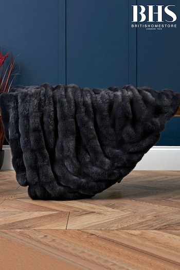 BHS Black Ruched Faux Fur Throw (K82535) | £70
