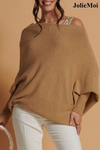 Jolie Moi Asymmetric Draped Soft Knit Brown Jumper (K82574) | £75