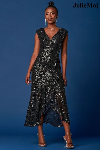Jolie Moi Black Sequin Wrap Ruffle Hem Maxi Dress (K82577) | £95