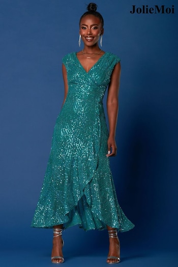 Jolie Moi Sequin Wrap Ruffle Hem Maxi Dress (K82580) | £95