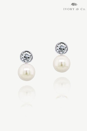 Ivory & Co Silver Tone Portland Rhodium Solitaire Crystal And Round Pearl Earrings (K82755) | £25