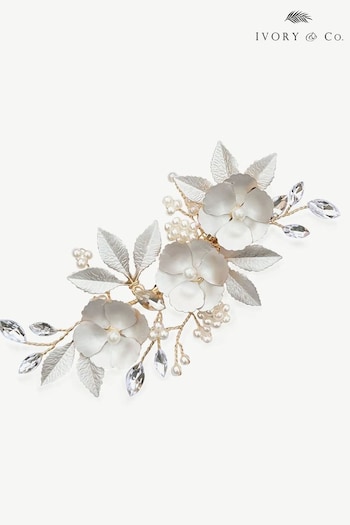 Ivory & Co Gold Gardenia Crystal And Pearl Enamelled Floral Clip (K82789) | £45