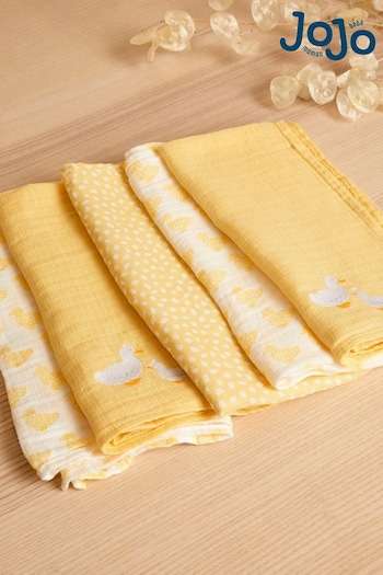 JoJo Maman Bébé Yellow 5-Pack Embroidered Muslin Squares (K83049) | £18