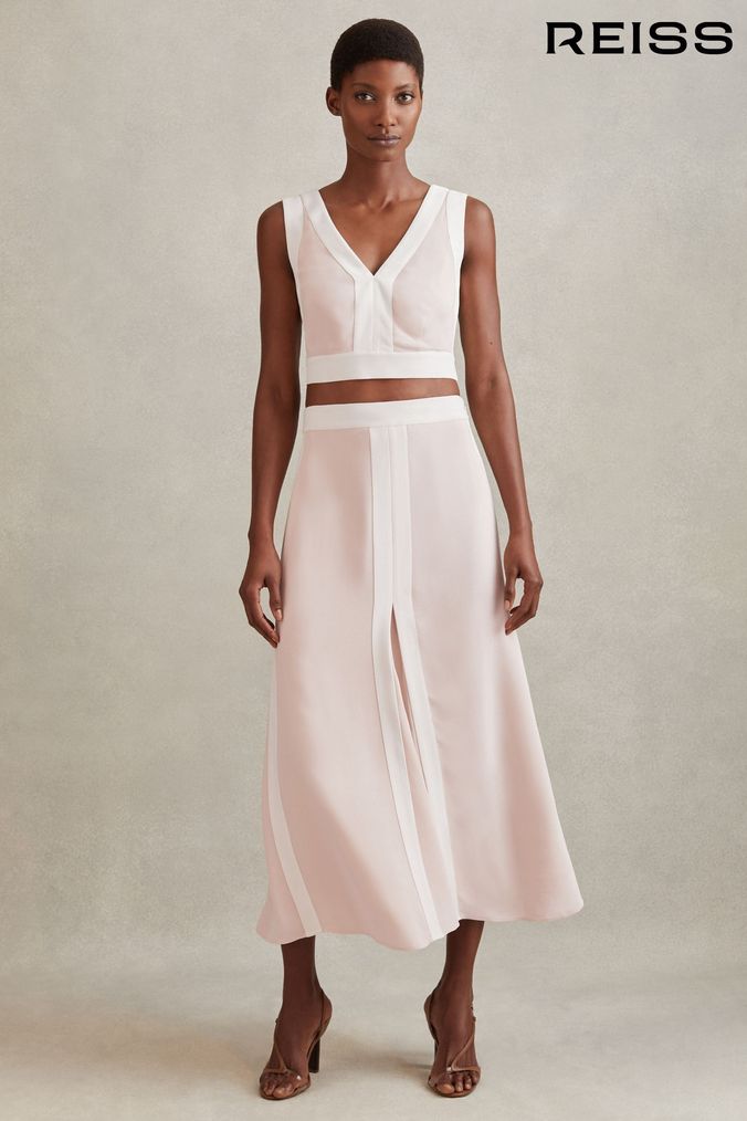 White sand contrast stripe midi skirt in green multi hotsell