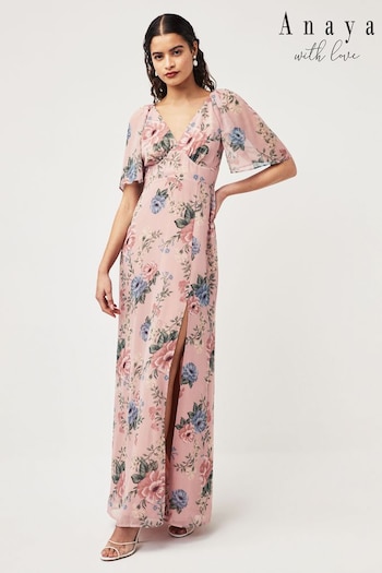 Anaya With Love Pink Tie Back Flutter Sleeve Maxi Dress (K83128) | £85