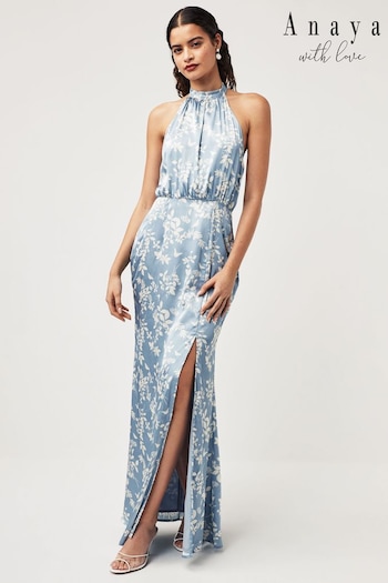 Anaya With Love Blue Floral Satin Maxi Bridesmaid Dress (K83159) | £80