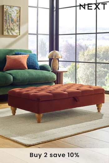 Buttoned Soft Velvet Rust Brown Albury Large with Storage Footstool (K83204) | £255