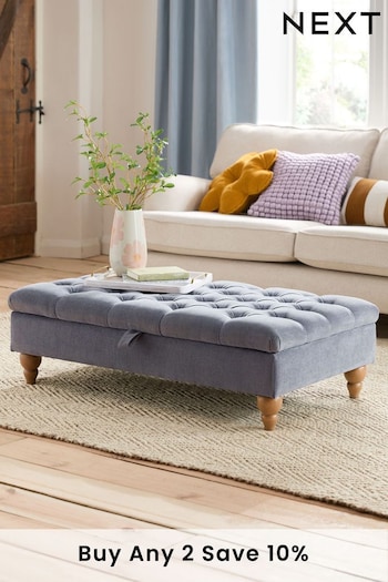 Buttoned Fine Chenille Granite Blue Albury Large with Storage Footstool (K83205) | £275