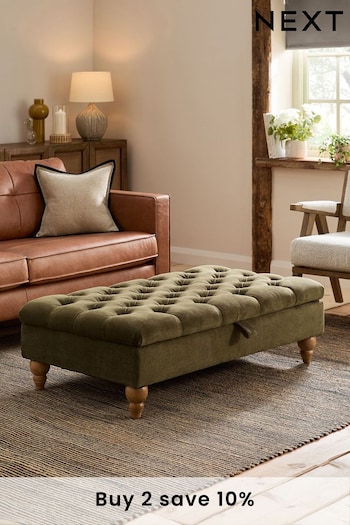 Buttoned Fine Chenille Moss Green Albury Large with Storage Footstool (K83207) | £275